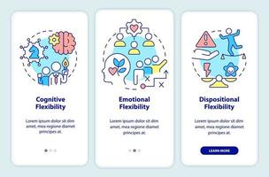 líder flexible tipos inducción móvil aplicación pantalla. adaptabilidad recorrido 3 pasos editable gráfico instrucciones con lineal conceptos. ui, ux, gui modelo vector