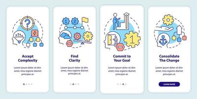 Adaptation to complex change onboarding mobile app screen. Skills walkthrough 4 steps editable graphic instructions with linear concepts. UI, UX, GUI template vector