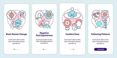 Why we resist change onboarding mobile app screen. Inflexibility walkthrough 4 steps editable graphic instructions with linear concepts. UI, UX, GUI template vector