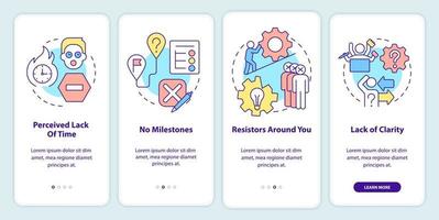 Barriers to change management onboarding mobile app screen. Business walkthrough 4 steps editable graphic instructions with linear concepts. UI, UX, GUI template vector