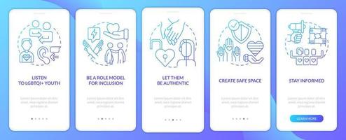 Supporting LGBT youth blue gradient onboarding mobile app screen. Walkthrough 5 steps graphic instructions with linear concepts. UI, UX, GUI template vector