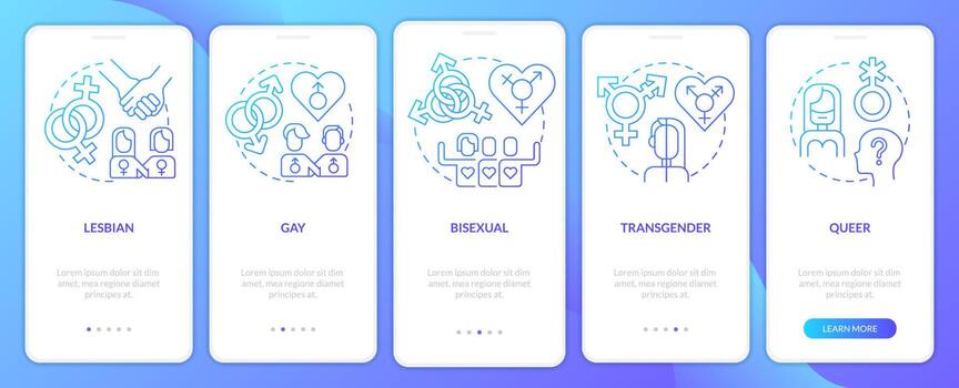 lgbt comunidad incluye azul degradado inducción móvil aplicación pantalla. recorrido 5 5 pasos gráfico instrucciones con lineal conceptos. ui, ux, gui modelo vector