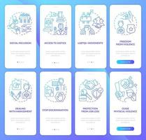 LGBT issues and support blue gradient onboarding mobile app screen set. Walkthrough 4 steps graphic instructions with linear concepts. UI, UX, GUI template vector