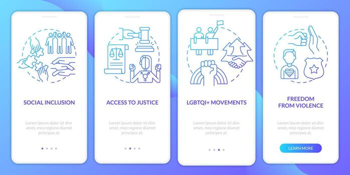 LGBT community programs blue gradient onboarding mobile app screen. Walkthrough 4 steps graphic instructions with linear concepts. UI, UX, GUI template vector