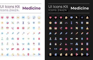 Medicine flat color ui icons set for dark, light mode. Medical treatment. Drug packaging. Healthcare. GUI, UX design for mobile app. Vector isolated RGB pictograms