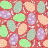 Seamless Easter background with colorful Easter eggs, a sprig of leaves and hearts, on a cherry background. vector