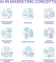 AI in marketing blue gradient concept icons set. Digital technology for business. Innovations idea thin line color illustrations. Isolated symbols vector