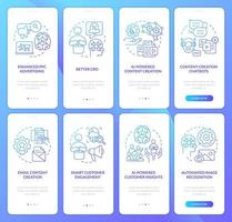 Ai integration in marketing blue gradient onboarding mobile app screen set. Walkthrough 4 steps graphic instructions with linear concepts. UI, UX, GUI template vector