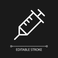 Syringe pixel perfect white linear ui icon for dark theme. Regular vaccination and immunization. Vector line pictogram. Isolated user interface symbol for night mode. Editable stroke