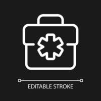 Medical bag pixel perfect white linear ui icon for dark theme. Doctor suitcase. First aid kit. Vector line pictogram. Isolated user interface symbol for night mode. Editable stroke