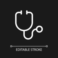Stethoscope pixel perfect white linear ui icon for dark theme. Medical examination instrument. Vector line pictogram. Isolated user interface symbol for night mode. Editable stroke