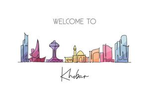 One single line drawing Khobar city skyline, Saudi Arabia. World town landscape postcard print. Best place holiday destination. Editable stroke trendy continuous line draw design vector illustration