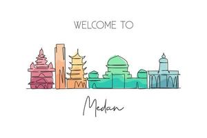 Single continuous line drawing of Medan city skyline, Indonesia. Famous city scraper and landscape postcard print. World travel concept. Editable stroke modern one line draw design vector illustration