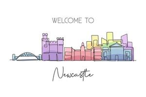 One continuous line drawing of Newcastle city skyline. Beautiful city skyscraper world landscape tourism travel vacation home wall decor poster art concept. Single line draw design vector illustration