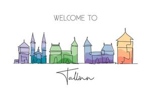 One single line drawing of Tallinn city skyline, Estonia. Historical town landscape in world. Best holiday destination poster. Editable stroke trendy continuous line draw design vector illustration