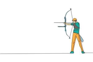 One single line drawing of young archer man focus exercising archery to hit the target vector graphic illustration. Healthy refresh shooting with bow sport concept. Modern continuous line draw design