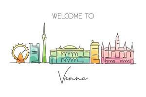 Single continuous line drawing of Vienna city skyline, Austria. Famous city scraper landscape. World travel home art wall decor poster print concept. Modern one line draw design vector illustration