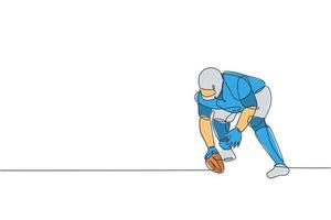 One continuous line drawing of sporty american football player stance to pass the ball to his team for competition poster. Sport teamwork concept. Dynamic single line draw design vector illustration