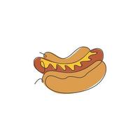 Single continuous line drawing of American hot dog logo label. Emblem fast food hotdog restaurant concept. Modern one line draw design vector illustration for cafe, shop or food delivery service