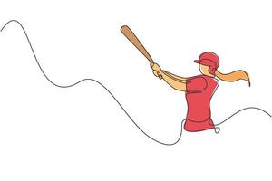 One single line drawing of young energetic woman baseball player practice to hit the ball vector illustration. Sport training concept. Modern continuous line draw design for baseball tournament banner