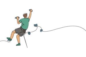 un dibujo de línea continua de la práctica del joven escalador de valentía que sobresale de la montaña del acantilado de roca con una cuerda de seguridad. peligroso concepto de deporte extremo. Ilustración de vector de diseño de dibujo de línea única dinámica