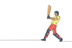 Single continuous line drawing of young agile man cricket player successfully hit the ball at field vector illustration. Sport exercise concept. Trendy one line draw design for cricket promotion media
