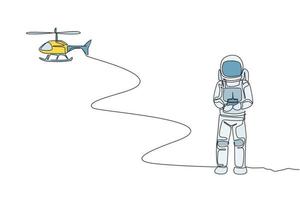 Single continuous line drawing of astronaut playing helicopter radio control in moon surface. Having fun in leisure time on outer space concept. Trendy one line draw design vector graphic illustration