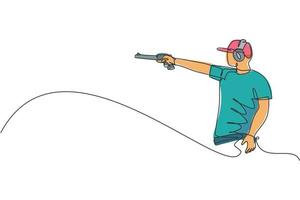 One single line drawing of young man practicing to shot target in range on shooting training ground vector illustration graphic. Clay pigeon shooting sport concept. Modern continuous line draw design