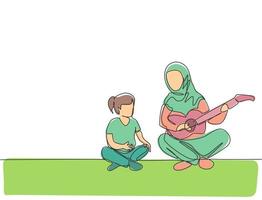 One single line drawing of young Arabian mother playing guitar to accompany her daughter singing vector illustration. Happy Islamic muslim family parenting concept. Modern continuous line draw design