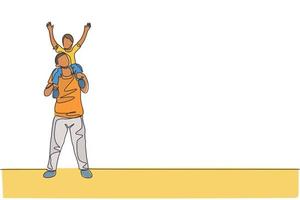 un solo dibujo de línea del joven padre feliz jugando juntos y levantando a su hijo en la ilustración gráfica de vector de hombro. concepto de educación para padres. diseño moderno de dibujo de línea continua