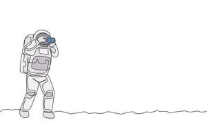 un dibujo de línea continua de un astronauta haciendo fotografías con una cámara réflex digital en la galaxia cósmica de la luna. concepto de estilo de vida y pasatiempo del espacio exterior. Ilustración gráfica de vector de diseño de dibujo de línea única dinámica