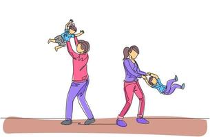 dibujo de una sola línea continua de una joven madre y una madre jugando con su hijo e hija en casa. concepto de crianza de los hijos de familia feliz. Ilustración de vector de diseño de dibujo de una línea de moda