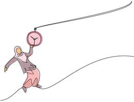 Continuous one line drawing young Arab female worker swinging on pocket watch chain to reach goals target. Time management minimalist concept. Single line draw design vector graphic illustration.