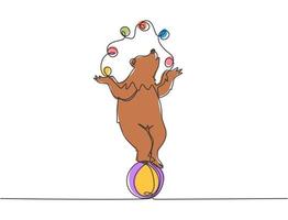 Single one line drawing of a trained brown bear juggling on its head while standing on a ball. A very good circus show for all audiences. Modern continuous line draw design graphic vector illustration