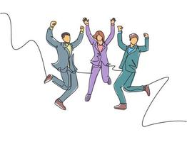 One line drawing of young happy business man and business woman jumping to celebrate their successive business. Business deal celebration concept. Continuous line draw design vector illustration