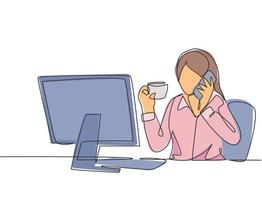 One continuous line drawing of young female employee drinking a cup of coffee and calling her friend using cellphone at the office. Phone talk concept single line draw design vector illustration