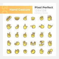 Hand gestures pixel perfect RGB color icons set. Body language. Communication. Isolated vector illustrations. Simple filled line drawings collection. Editable stroke