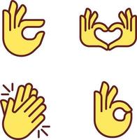 Body language signals pixel perfect RGB color icons set. Hands gestures to express emotions. Communication. Isolated vector illustrations. Simple filled line drawings collection. Editable stroke