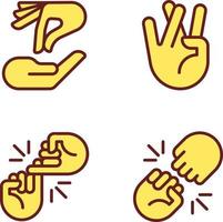 Using gestures for communication pixel perfect RGB color icons set. Interaction and expression. Hands position. Isolated vector illustrations. Simple filled line drawings collection. Editable stroke