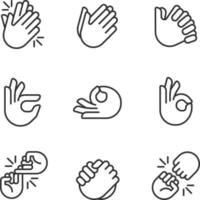 Gestures and communication pixel perfect linear icons set. Non verbal signals. Body expression. Customizable thin line symbols. Isolated vector outline illustrations. Editable stroke