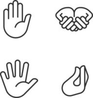 Conveying information by gestures pixel perfect linear icons set. Communication system. Hand positions. Customizable thin line symbols. Isolated vector outline illustrations. Editable stroke