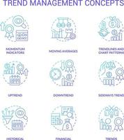 Trend management blue gradient concept icons set. Tendencies analysing process. Business strategy idea thin line color illustrations. Isolated symbols vector