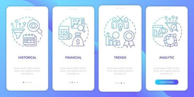 Profitability models for trading blue gradient onboarding mobile app screen. Walkthrough 4 steps graphic instructions with linear concepts. UI, UX, GUI template vector