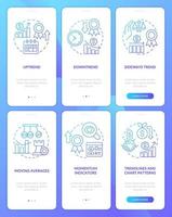 Types of trends blue gradient onboarding mobile app screen set. Trading walkthrough 3 steps graphic instructions with linear concepts. UI, UX, GUI template vector