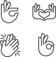 Body language signals pixel perfect linear icons set. Hands gestures to express emotions. Communication. Customizable thin line symbols. Isolated vector outline illustrations. Editable stroke