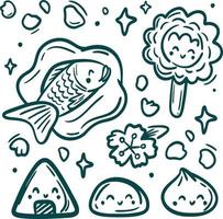 Asian food Collection clip art. Taiyaki, mochi and sushi set vector