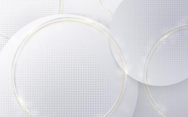 Abstract gradient white and gray template of tech circle decoration with rounded halftone. Overlapping with golden round decoration background.