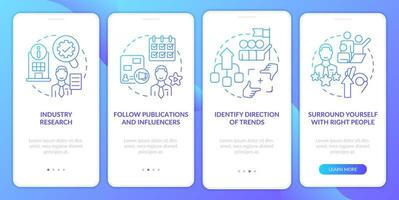 How to identify trends blue gradient onboarding mobile app screen. Management walkthrough 4 steps graphic instructions with linear concepts. UI, UX, GUI template vector