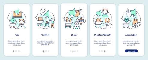Business techniques onboarding mobile app screen. Emotional appeal walkthrough 5 steps editable graphic instructions with linear concepts. UI, UX, GUI template vector
