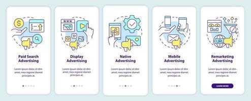 Types of advertising onboarding mobile app screen. Digital campaign walkthrough 5 steps editable graphic instructions with linear concepts. UI, UX, GUI template vector